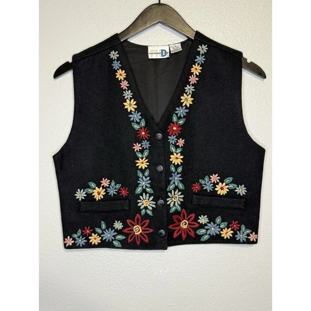 Vintage Paul Harris Floral Embroidered Black Wool Vest Womens Small Grandma Core - Picture 1 of 6